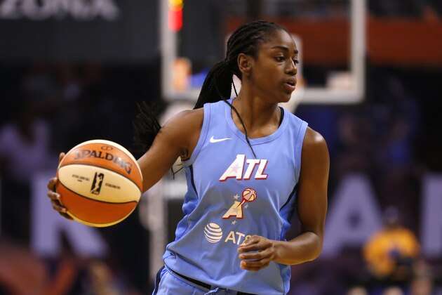 Atlanta Dream guard Tiffany Hayes (15) during a WNBA basketball game against the Phoenix Mercury, Friday, Aug. 16, 2019, in Phoenix. (AP Photo/Rick Scuteri)