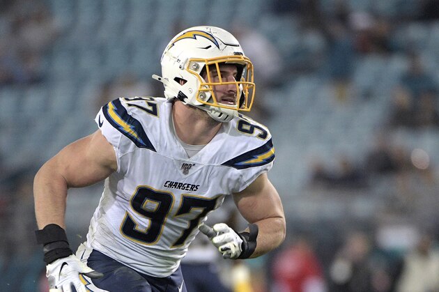 Los Angeles Chargers defensive end Joey Bosa (97) follows a play during the second half of an NFL football game against the Jacksonville Jaguars Sunday, Dec. 8, 2019, in Jacksonville, Fla. (AP Photo/Phelan M. Ebenhack)