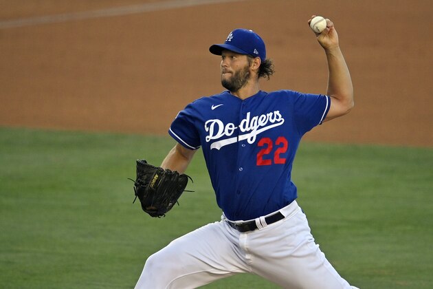 Los Angeles Dodgers starting pitcher Clayton Kershaw throws to the plate during intrasquad play in the restart of baseball spring training Monday, July 6, 2020, in Los Angeles. (AP Photo/Mark J. Terrill)