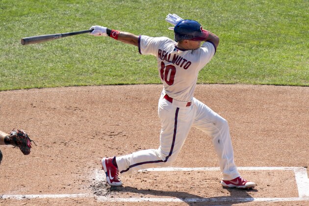 Philadelphia Phillies' J.T. Realmuto in action during a baseball game against the Miami Marlins, Saturday, July 25, 2020, in Philadelphia. The Phillies won 7-1. (AP Photo/Chris Szagola)