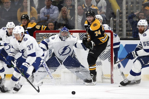 Tampa Bay Lightning goaltender Andrei Vasilevskiy and Boston Bruins' Jake DeBrusk watch the puck during the third period of an NHL hockey game Saturday, March 7, 2020, in Boston. (AP Photo/Winslow Townson)