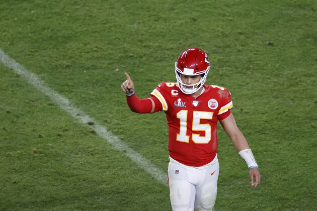 Kansas City Chiefs quarterback Patrick Mahomes (15) reacts against the San Francisco 49ers during the NFL Super Bowl 54 football game Sunday, Feb. 2, 2020, in Miami Gardens, Fla. (AP Photo/Adam Hunger)