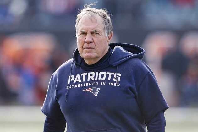 New England Patriots head coach Bill Belichick works the field during practice before an NFL football game against the Cincinnati Bengals, Sunday, Dec. 15, 2019, in Cincinnati. (AP Photo/Gary Landers)