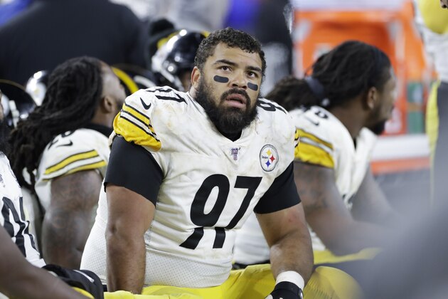 Pittsburgh Steelers defensive end Cameron Heyward (97) sits on the bench during the second half of an NFL football game against the Cleveland Browns, Thursday, Nov. 14, 2019, in Cleveland. (AP Photo/Ron Schwane)