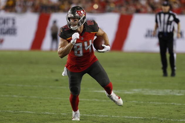 Tampa Bay Buccaneers tight end Cameron Brate (84) during the second half of an NFL football game against the Pittsburgh Steelers Monday, Sept. 24, 2018, in Tampa, Fla. (AP Photo/Mark LoMoglio)