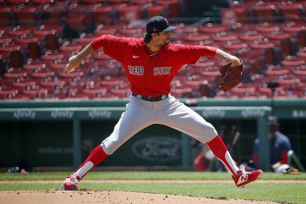 Boston Red Sox's Chris Mazza pitches during baseball practice at Fenway Park, Sunday, July 5, 2020, in Boston. (AP Photo/Michael Dwyer)