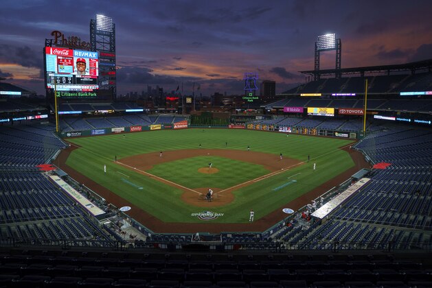 General view of Citizens Bank Park as the sun sets during a baseball game between the Miami Marlins and the Philadelphia Phillies, Friday, July 24, 2020, in Philadelphia. The Marlins won 5-2. (AP Photo/Chris Szagola)