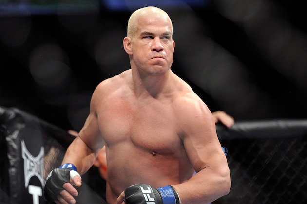 Tito Ortiz eyes his opponent, Forrest Griffin before his UFC 148 light heavyweight fight Saturday, July 7, 2012, in Las Vegas. Griffin won the bout by a unanimous decision. (AP Photo/David Becker)