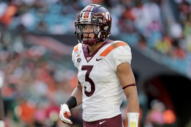 Virginia Tech defensive back Caleb Farley (3) lines up during the first half of an NCAA college football game against Miami, Saturday, Oct. 5, 2019, in Miami Gardens, Fla. (AP Photo/Lynne Sladky)