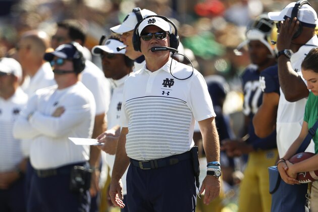 Notre Dame head coach Brian Kelly watches in the first half of an NCAA college football game against New Mexico in South Bend, Ind., Saturday, Sept. 14, 2019. (AP Photo/Paul Sancya)