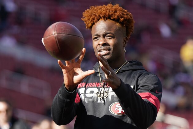 San Francisco 49ers wide receiver Marquise Goodwin warms up before an NFL divisional playoff football game against the Minnesota Vikings, Saturday, Jan. 11, 2020, in Santa Clara, Calif. (AP Photo/Tony Avelar)