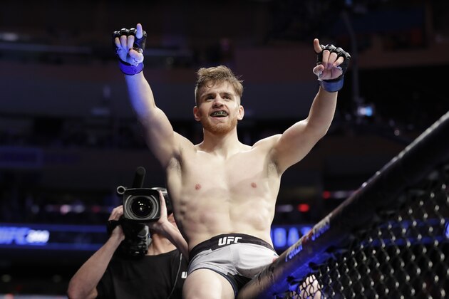 Edmen Shahbazyan celebrates after a middleweight mixed martial arts bout against Brad Tavares at UFC 244, Saturday, Nov. 2, 2019, in New York. Shahbazyan stopped Tavares in the first round. (AP Photo/Frank Franklin II)