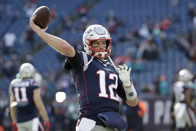 New England Patriots quarterback Tom Brady warms up before an NFL football game against the Miami Dolphins, Sunday, Dec. 29, 2019, in Foxborough, Mass. (AP Photo/Elise Amendola)