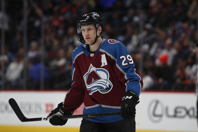 Colorado Avalanche center Nathan MacKinnon (29) in the second period of an NHL hockey game Wednesday, Feb. 19, 2020, in Denver. (AP Photo/David Zalubowski)