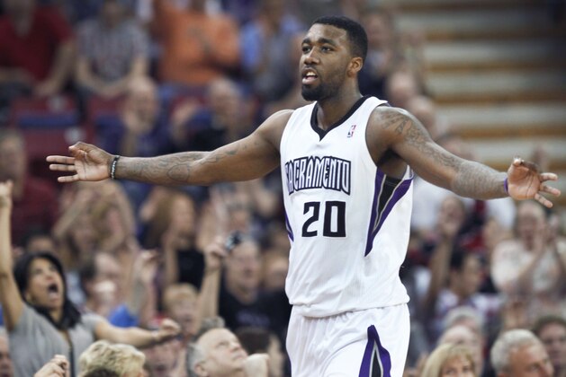 Sacramento Kings forward Donte Greene celebrates after hitting a 3-point shot against the Minnesota Timberwolves late in the second half of an NBA basketball game in Sacramento, Calif., Sunday, March 18, 2012. The Kings won 115-99. (AP Photo/Steve Yeater)