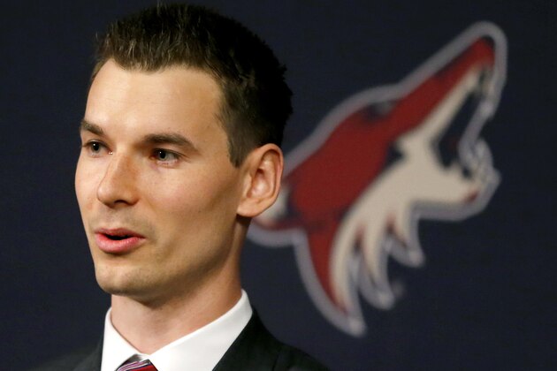 Newly appointed Arizona Coyotes general manager John Chayka speaks at a news conference announcing his promotion, Thursday, May 5, 2016, in Glendale, Ariz. Chayka is the youngest GM in NHL history. (AP Photo/Matt York) Newly appointed Arizona Coyotes general manager John Chayka speaks at a news conference announcing his promotion, Thursday, May 5, 2016, in Glendale, Ariz. Chayka is the youngest GM in NHL history. (AP Photo/Matt York)