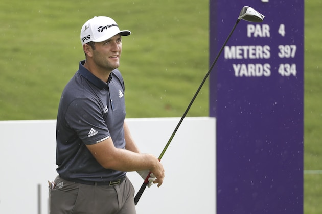 Jon Rahm, of Spain, watches his drive on the first tee during a practice round at the World Golf Championships-FedEx St. Jude Invitational Wednesday, July 29, 2020, in Memphis, Tenn. (AP Photo/Mark Humphrey)