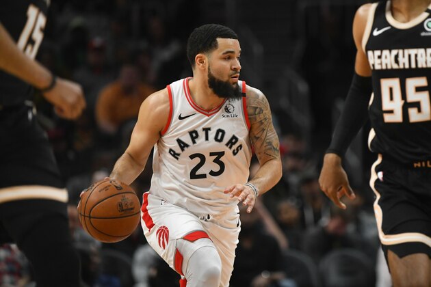 Toronto Raptors guard Fred VanVleet (23) plays against the Atlanta Hawks during the second half of an NBA basketball game Monday, Jan. 20, 2020, in Atlanta. (AP Photo/John Amis)