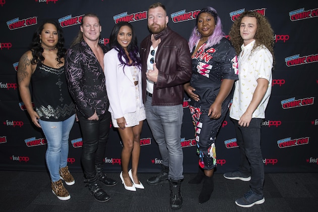 Nyla Rose, from left, Chris Jericho, Brandi Rhodes, Jon Moxley, Awesome Kong and Jungle Boy attend New York Comic Con to promote TNT's