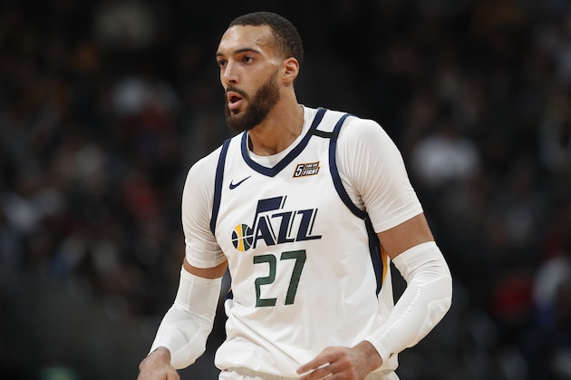 Utah Jazz center Rudy Gobert (27) in the second half of an NBA basketball game Thursday, Jan. 30, 2020, in Denver. The Nuggets 106-100. (AP Photo/David Zalubowski)