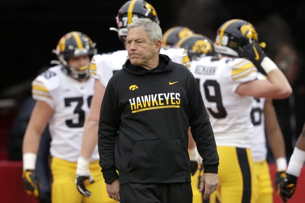 FILE-  In this Nov. 29, 2019, file photo, Iowa head coach Kirk Ferentz follows warmups before an NCAA college football game against Nebraska in Lincoln, Neb. (AP Photo/Nati Harnik, File)