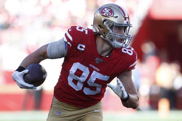 San Francisco 49ers tight end George Kittle (85) runs against the Atlanta Falcons during the first half of an NFL football game in Santa Clara, Calif., Sunday, Dec. 15, 2019. (AP Photo/Josie Lepe) San Francisco 49ers tight end George Kittle (85) runs against the Atlanta Falcons during the first half of an NFL football game in Santa Clara, Calif., Sunday, Dec. 15, 2019. (AP Photo/Josie Lepe)