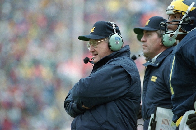 ** FILE ** Former Michigan coach Bo Schembechler watches from the sidelines during their college football game against Illinois on Nov. 12, 1988, in Ann Arbor, Mich. Schembechler, the winningest coach in Michigan football history, died Friday, Nov. 17, 2006. He was 77. (AP Photo/Duane Burleson, FILE)