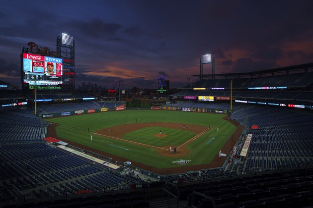General view of Citizens Bank Park as the sun sets during a baseball game between the Miami Marlins and the Philadelphia Phillies, Friday, July 24, 2020, in Philadelphia. The Marlins won 5-2. (AP Photo/Chris Szagola)
