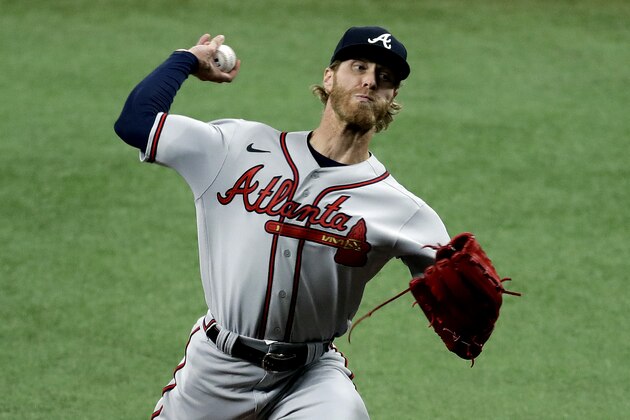 Atlanta Braves' Mike Foltynewicz pitches to the Tampa Bay Rays during the first inning of a baseball game Monday, July 27, 2020, in St. Petersburg, Fla. (AP Photo/Chris O'Meara)