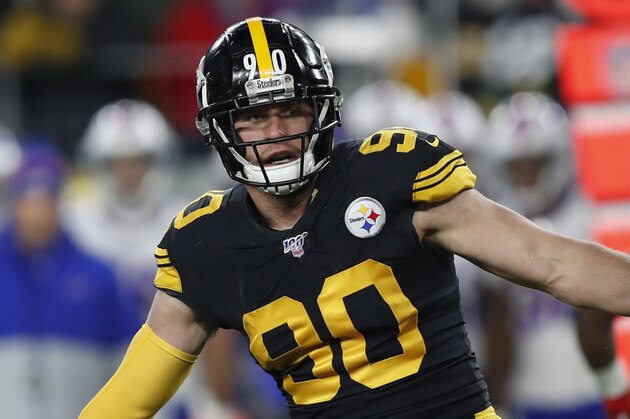 Pittsburgh Steelers outside linebacker T.J. Watt (90) rushes Buffalo Bills quarterback Josh Allen (17) during the first half of an NFL football game in Pittsburgh, Sunday, Dec. 15, 2019. (AP Photo/Keith Srakocic)