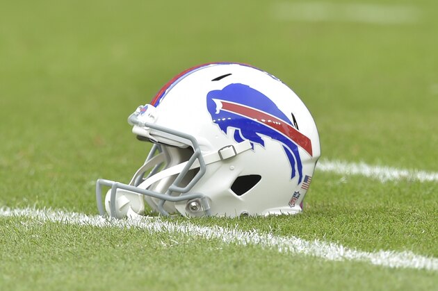 A Buffalo Bills helmet rests on the field before an NFL football preseason game between the Cleveland Browns and the Buffalo Bills, Friday, Aug. 17, 2018, in Cleveland. Buffalo won 19-17. (AP Photo/David Richard)
