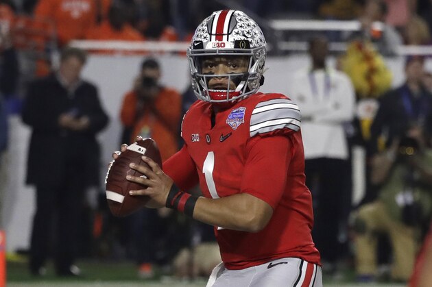 Ohio State quarterback Justin Fields (1) during the first half of the Fiesta Bowl NCAA college football game against Clemson, Saturday, Dec. 28, 2019, in Glendale, Ariz. (AP Photo/Rick Scuteri).