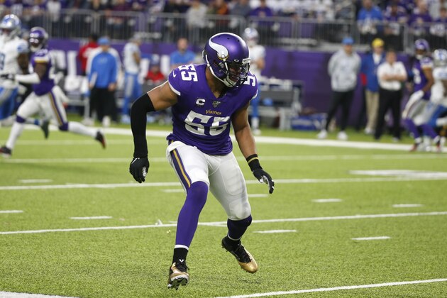 Minnesota Vikings outside linebacker Anthony Barr looks to make a tackle during the second half of an NFL football game against the Detroit Lions, Sunday, Dec. 8, 2019, in Minneapolis. (AP Photo/Bruce Kluckhohn) Minnesota Vikings outside linebacker Anthony Barr looks to make a tackle during the second half of an NFL football game against the Detroit Lions, Sunday, Dec. 8, 2019, in Minneapolis. (AP Photo/Bruce Kluckhohn)