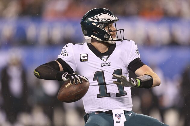Philadelphia Eagles quarterback Carson Wentz (11) during an NFL football game against the New York Giants on Sunday, Dec. 29, 2019, in East Rutherford, N.J. The Eagles won 34-17. (AP Photo/Vera Nieuwenhuis)