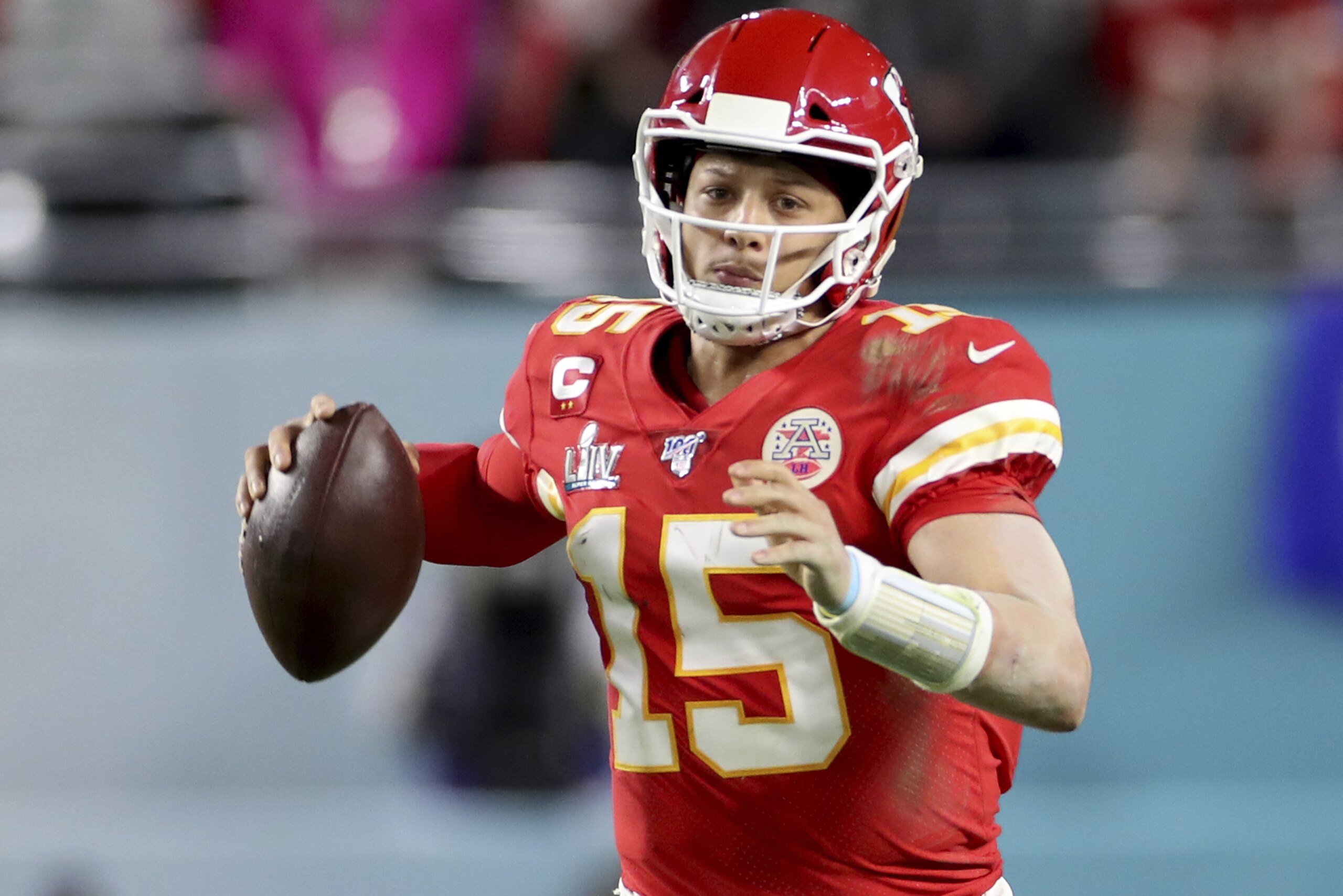 Kansas City Chiefs quarterback Patrick Mahomes (15) runs against the San Francisco 49ers at Super Bowl 54 on Feb. 2, 2020, in Miami Gardens, Fla. The Chiefs won the game 31-20. (AP Photo/Gregory Payan)