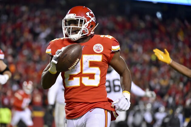 Kansas City Chiefs running back LeSean McCoy (25) celebrates his touchdown during the second half of an NFL football game against the Oakland Raiders in Kansas City, Mo., Sunday, Dec. 1, 2019. (AP Photo/Ed Zurga)