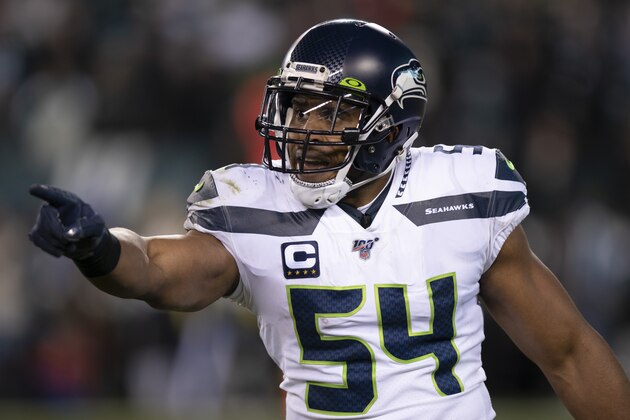 Seattle Seahawks middle linebacker Bobby Wagner (54) reacts during an NFL wild-card playoff football game against the Philadelphia Eagles, Sunday, Jan. 5, 2020, in Philadelphia. Seattle won 17-9. (AP Photo/Chris Szagola)