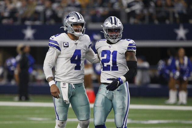 Dallas Cowboys quarterback Dak Prescott (4) and running back Ezekiel Elliott (21) during the second half of an NFL football game against the Washington Redskins in Arlington, Texas, Sunday, Dec. 15, 2019. (AP Photo/Ron Jenkins)