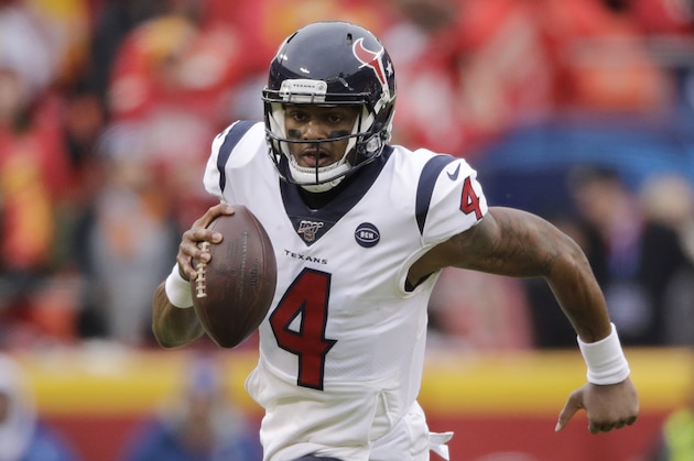 Houston Texans quarterback Deshaun Watson runs the ball during the first half of an NFL divisional playoff football game against the Houston Texans Sunday, Jan. 12, 2020, in Kansas City, Mo. (AP Photo/Charlie Riedel)