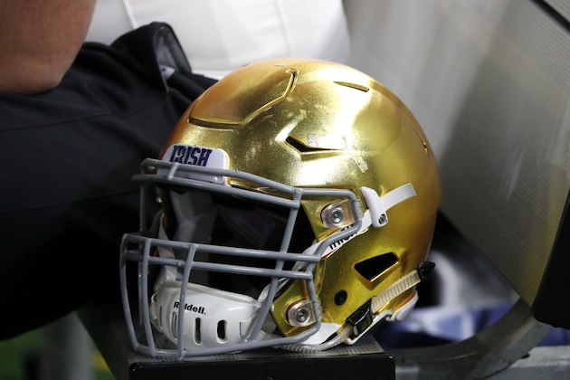 A Notre Dame helmet sits on the sideline during the NCAA Cotton Bowl semi-final playoff football game against Clemson on Saturday, Dec. 29, 2018, in Arlington, Texas. (AP Photo/Roger Steinman)