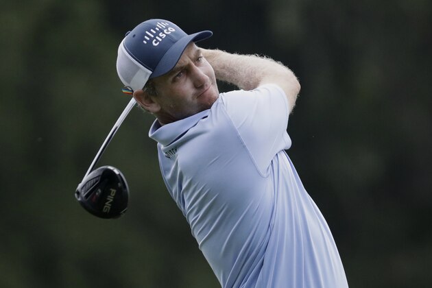 Brendon Todd watches his tee shot on the second hole during the second round of the World Golf Championship-FedEx St. Jude Invitational Friday, July 31, 2020, in Memphis, Tenn. (AP Photo/Mark Humphrey)