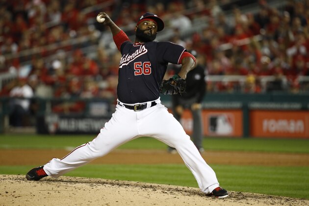 Washington Nationals relief pitcher Fernando Rodney throws against the Houston Astros during the sixth inning of Game 3 of the baseball World Series Friday, Oct. 25, 2019, in Washington. (AP Photo/Patrick Semansky) Washington Nationals relief pitcher Fernando Rodney throws against the Houston Astros during the sixth inning of Game 3 of the baseball World Series Friday, Oct. 25, 2019, in Washington. (AP Photo/Patrick Semansky)