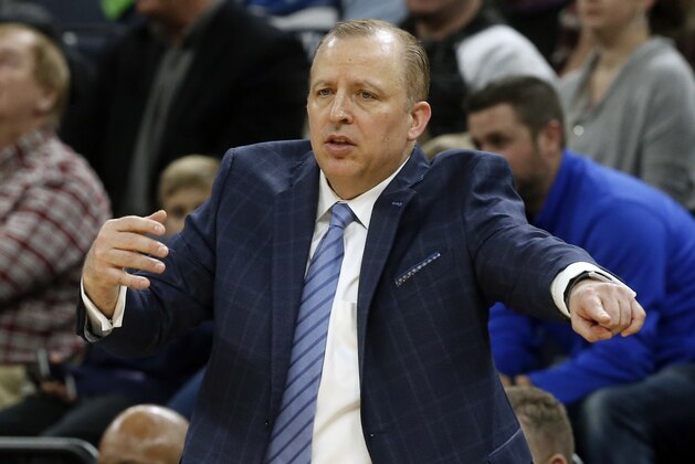 Minnesota Timberwolves head coach Tom Thibodeau directs his team in the second half of an NBA basketball game against the San Antonio Spurs Wednesday, Nov. 28, 2018, in Minneapolis. The Timberwolves won 128-89. (AP Photo/Jim Mone)