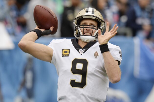 New Orleans Saints quarterback Drew Brees warms up for an NFL football game against the Tennessee Titans Sunday, Dec. 22, 2019, in Nashville, Tenn. (AP Photo/Mark Zaleski) New Orleans Saints quarterback Drew Brees warms up for an NFL football game against the Tennessee Titans Sunday, Dec. 22, 2019, in Nashville, Tenn. (AP Photo/Mark Zaleski)
