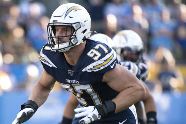 Los Angeles Chargers defensive end Joey Bosa in an NFL football game against the Green Bay Packers Sunday, Nov. 3 2019 in Carson, Calif. (AP Photo/Kyusung Gong) Los Angeles Chargers defensive end Joey Bosa in an NFL football game against the Green Bay Packers Sunday, Nov. 3 2019 in Carson, Calif. (AP Photo/Kyusung Gong)