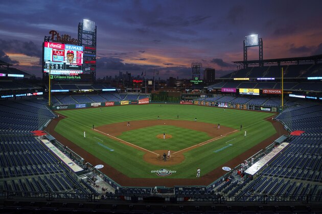 General view of Citizens Bank Park as the sun sets during a baseball game between the Miami Marlins and the Philadelphia Phillies, Friday, July 24, 2020, in Philadelphia. The Marlins won 5-2. (AP Photo/Chris Szagola) General view of Citizens Bank Park as the sun sets during a baseball game between the Miami Marlins and the Philadelphia Phillies, Friday, July 24, 2020, in Philadelphia. The Marlins won 5-2. (AP Photo/Chris Szagola)