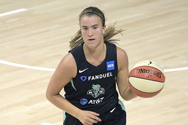 New York Liberty guard Sabrina Ionescu (20) brings the ball up the court during the second half of a WNBA basketball game against the Seattle Storm, Saturday, July 25, 2020, in Bradenton, Fla. (AP Photo/Phelan M. Ebenhack)