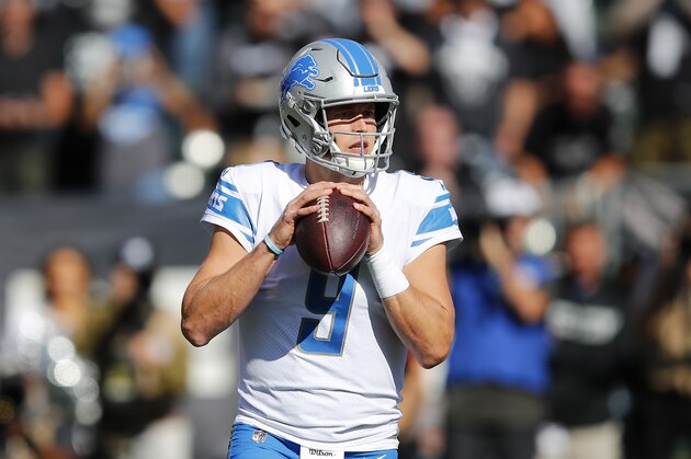 Detroit Lions quarterback Matthew Stafford (9) against the Oakland Raiders during an NFL football game in Oakland, Calif., Sunday, Nov. 3, 2019. (AP Photo/John Hefti)