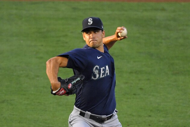 Seattle Mariners starting pitcher Marco Gonzales throws to the plate during the first inning of a baseball game against the Los Angeles Angels Thursday, July 30, 2020, in Anaheim, Calif. (AP Photo/Mark J. Terrill)