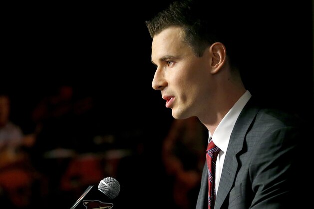Newly appointed Arizona Coyotes general manager John Chayka speaks at a news conference announcing his promotion, Thursday, May 5, 2016, in Glendale, Ariz. Chayka is the youngest GM in NHL history. (AP Photo/Matt York)
